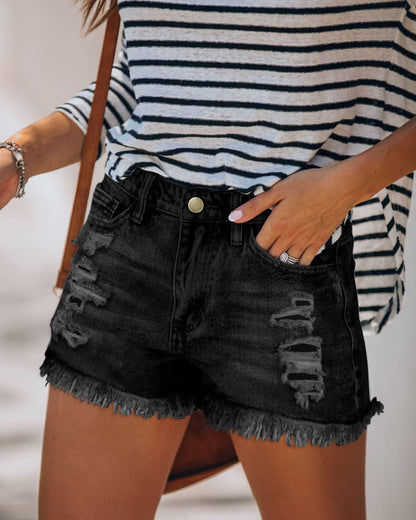 Women'S Denim Shorts Mid Waist Ripped Distressed