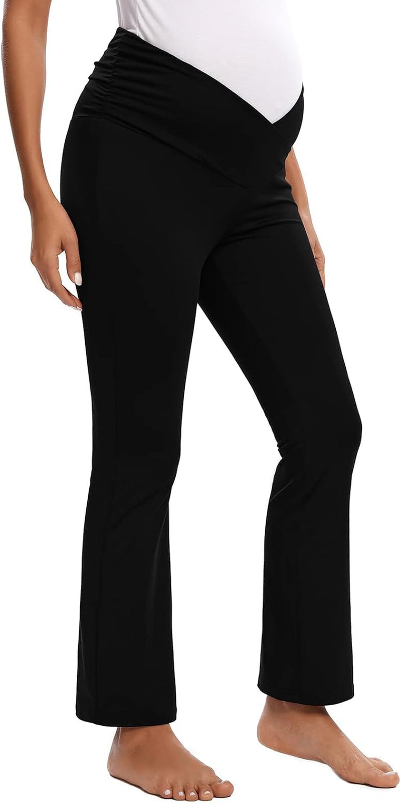 Maternity Pants for Women Bootcut Leg Pregnant Yoga Pants under the Belly for Workout, Office Black
