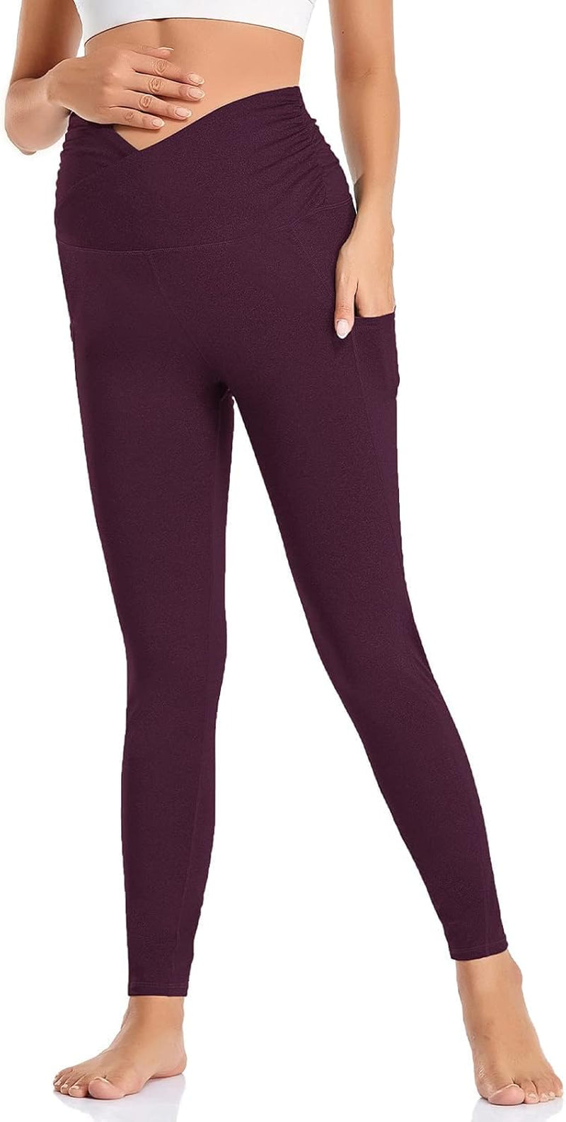 Womens Maternity Yoga Pants High Rise Cross Waisted Pregnancy Active Wear Workout Leggings with Pockets Dark Purple