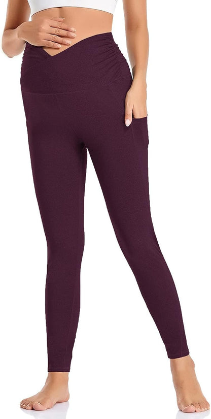 Womens Maternity Yoga Pants High Rise Cross Waisted Pregnancy Active Wear Workout Leggings with Pockets Dark Purple