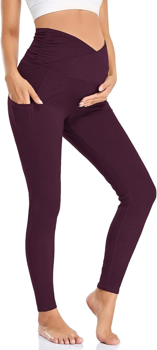 Womens Maternity Yoga Pants High Rise Cross Waisted Pregnancy Active Wear Workout Leggings with Pockets Dark Purple