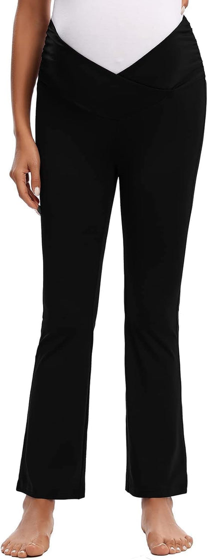 Maternity Pants for Women Bootcut Leg Pregnant Yoga Pants under the Belly for Workout, Office Black