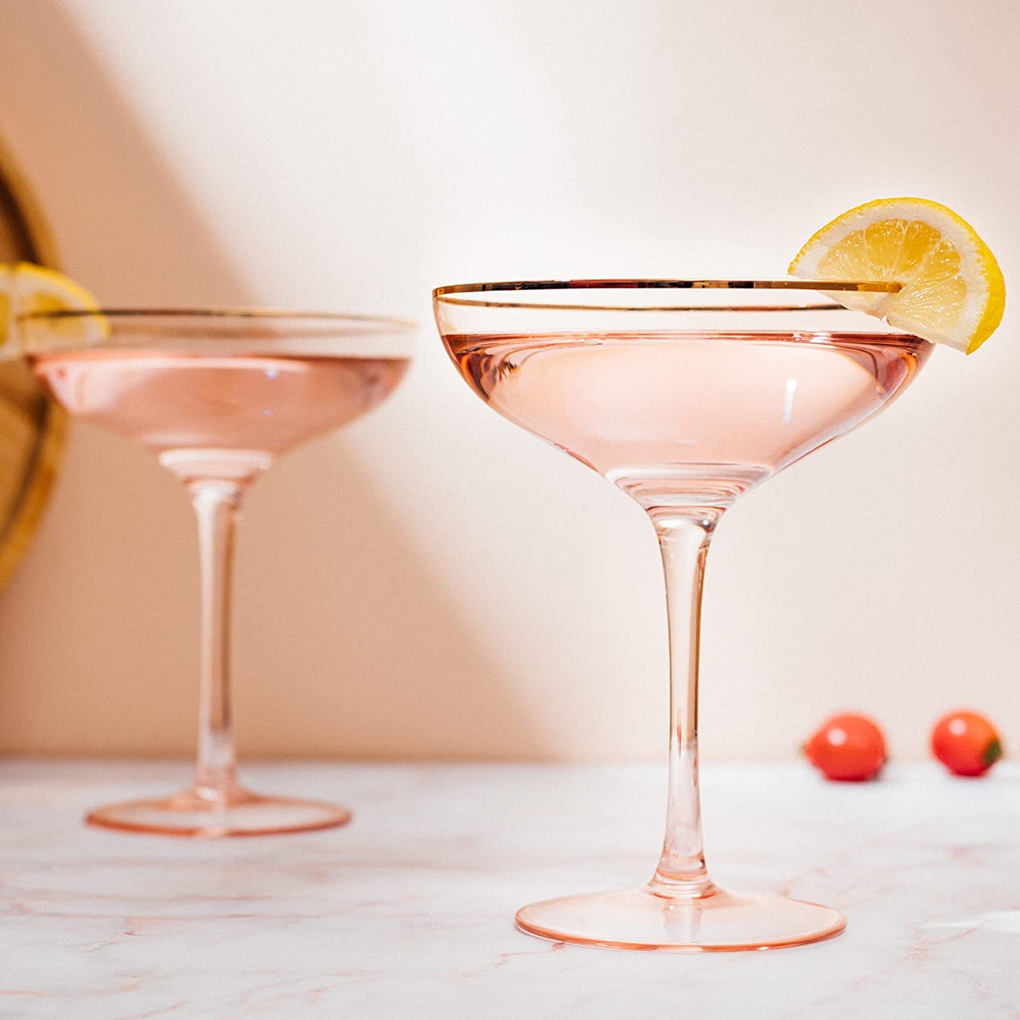 Blush Pink Gilded Rim Coupe Glasses 9oz Set of 2