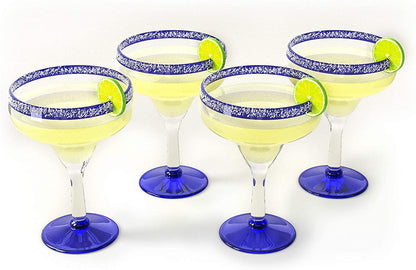 Hand Blown Blue Rim Mexican Glass 16oz Set of 4