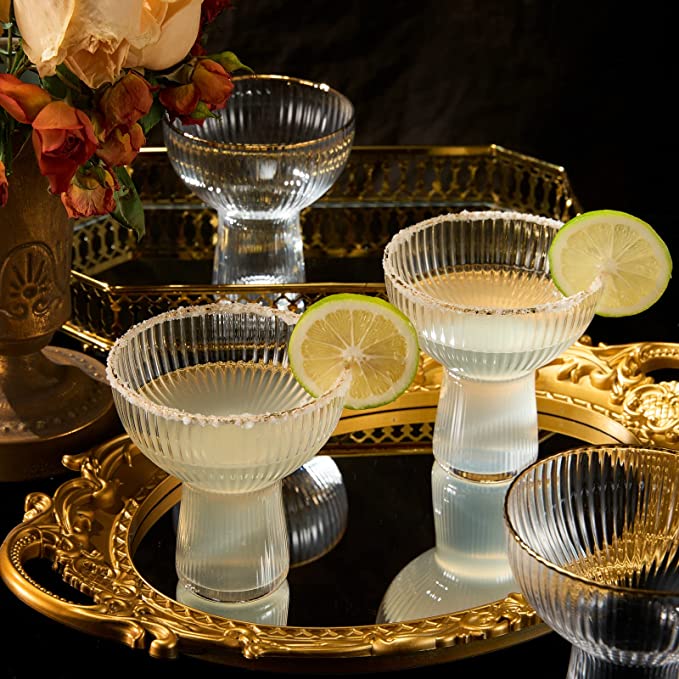 Ribbed Margarita Glasses with Gold Rim 10oz Set of 4