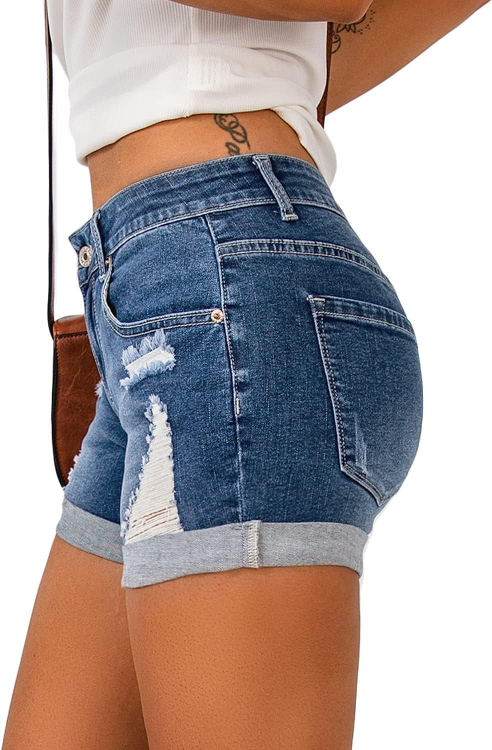Women Mid Rise Stretch Denim Shorts Ripped Cuffed Hem Jean Shorts