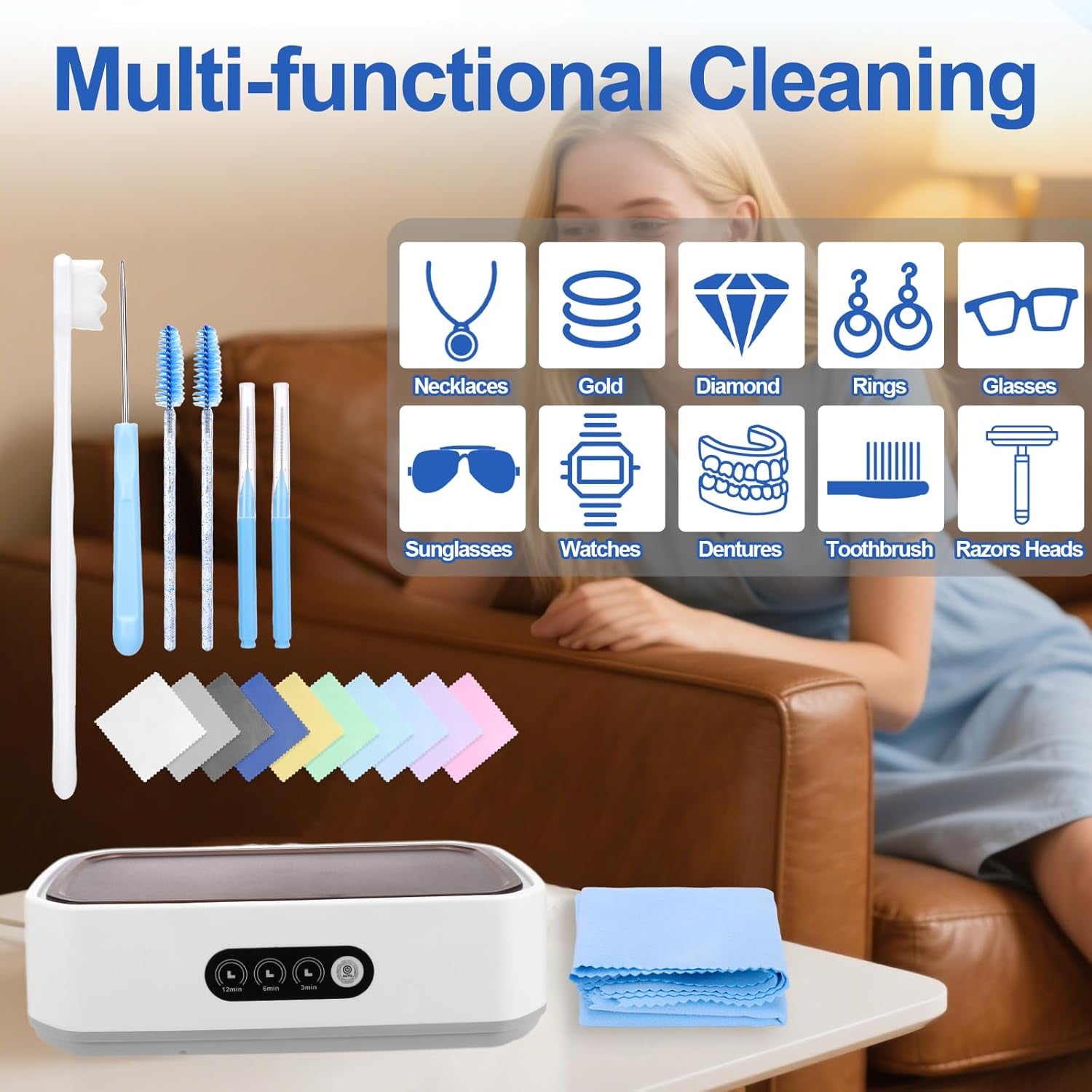 Jewelry Cleaning Kit-Ultrasonic Cleaner Machine(49K Hz,3 Modes),Gap Cleaning Brush and Polishing Cleaning Cloth for All Jewelry,Ring,Gold,Diamond,Earring,Sterling Silver,Eyeglass,Dentures