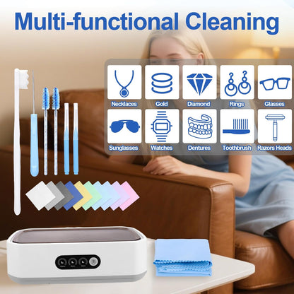 Jewelry Cleaning Kit-Ultrasonic Cleaner Machine(49K Hz,3 Modes),Gap Cleaning Brush and Polishing Cleaning Cloth for All Jewelry,Ring,Gold,Diamond,Earring,Sterling Silver,Eyeglass,Dentures