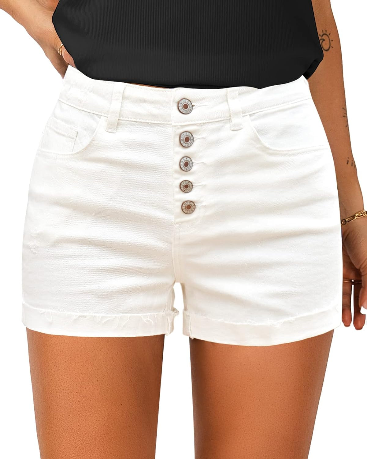 Women Summer High Waisted Sewn Cuffed Hem Buttons Denim Jean Shorts