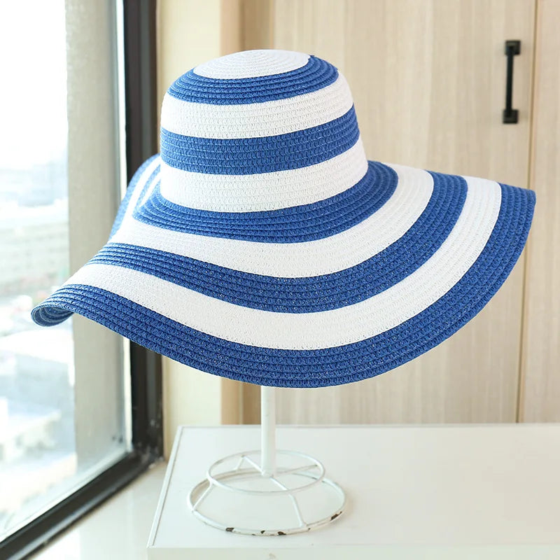 Hot Women'S Casual Straw Hats Girls Outdoor Striped Patchwork Paper Sun Hats New Summer Adult Flap Large Brim Beach Cap Gorras