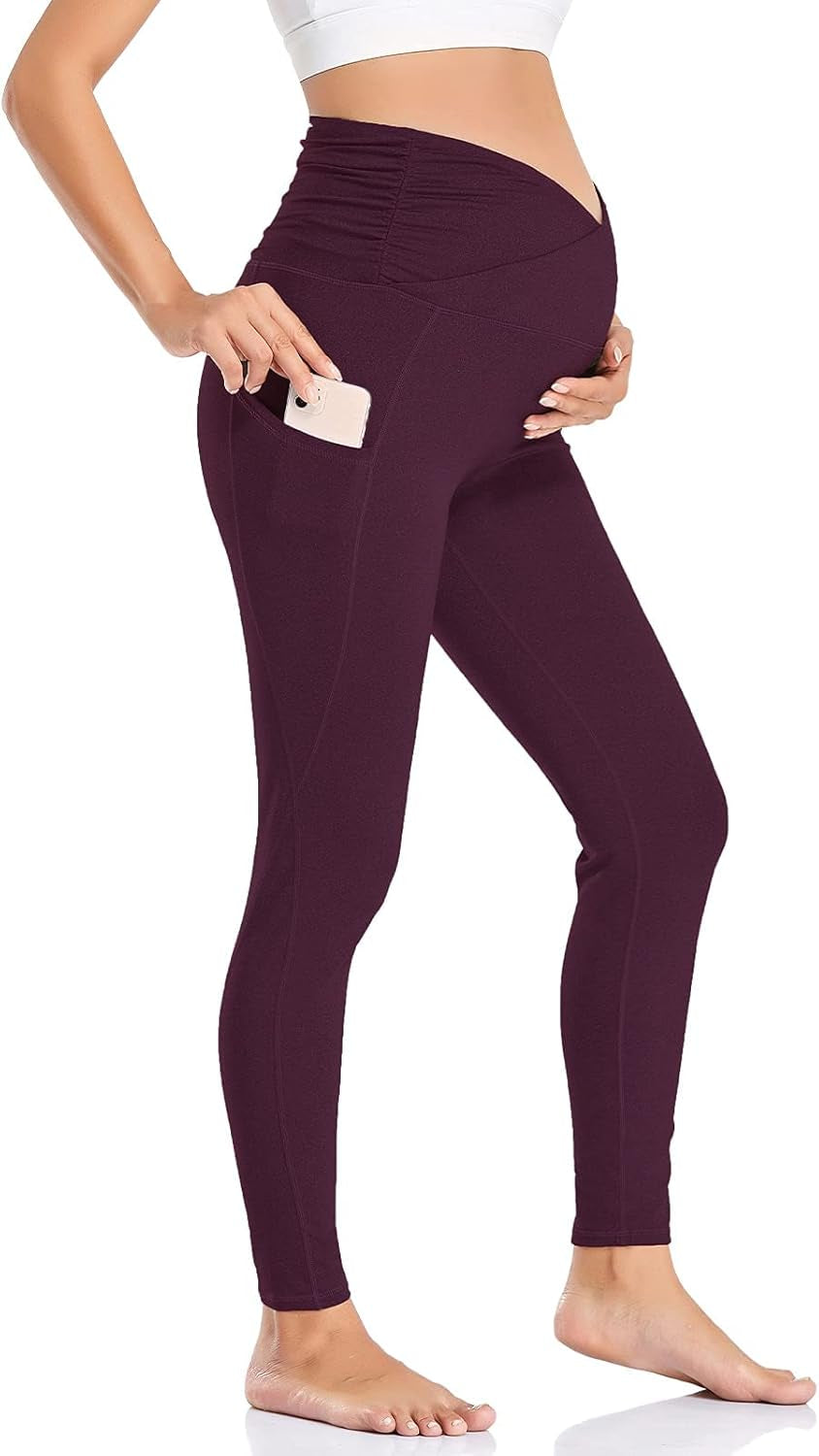 Womens Maternity Yoga Pants High Rise Cross Waisted Pregnancy Active Wear Workout Leggings with Pockets Dark Purple