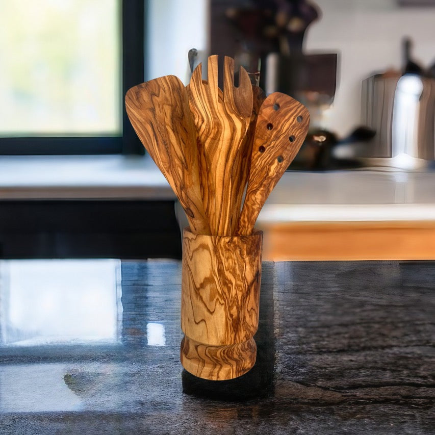 Olive Wood Kitchen Servers Set w/Holder -6 Pcs by Choixe