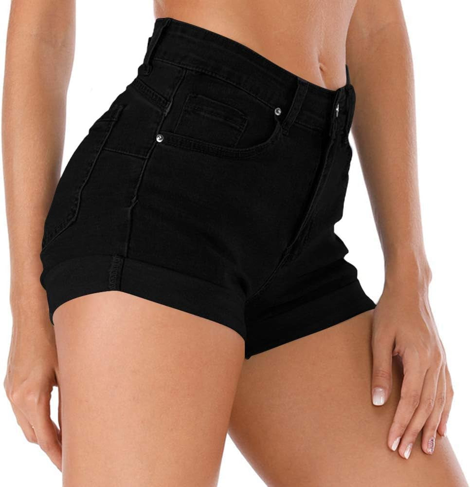 Women'S Summer High Waisted Denim Shorts Folded Hem Casual Short Jeans