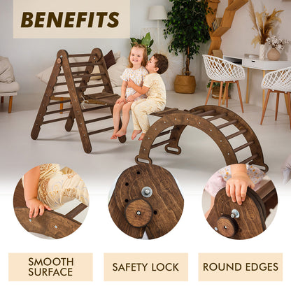 3in1 Montessori Climbing Set: Triangle Ladder + Wooden Arch + Slide Board – Chocolate NEW by Goodevas