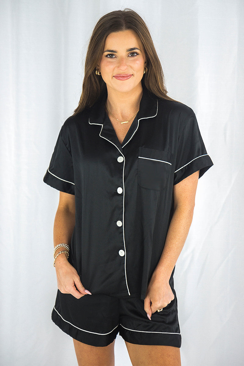 Black Satin Pajamas Shorts Set by Spikes and Seams
