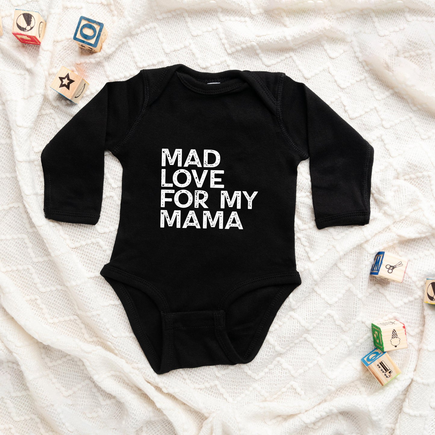 Mad Love For My Mama Distressed Baby Long Sleeve Onesie