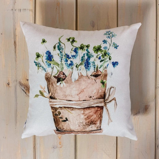 Blue Flowers Planter Throw Pillow