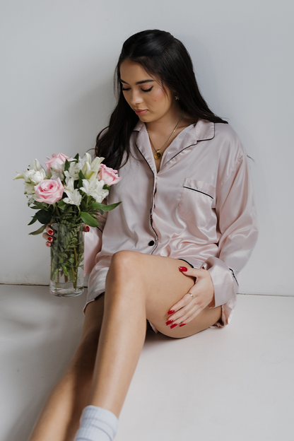 Blush Long Sleeve Top and Shorts Set with Black trim by Spikes and Seams