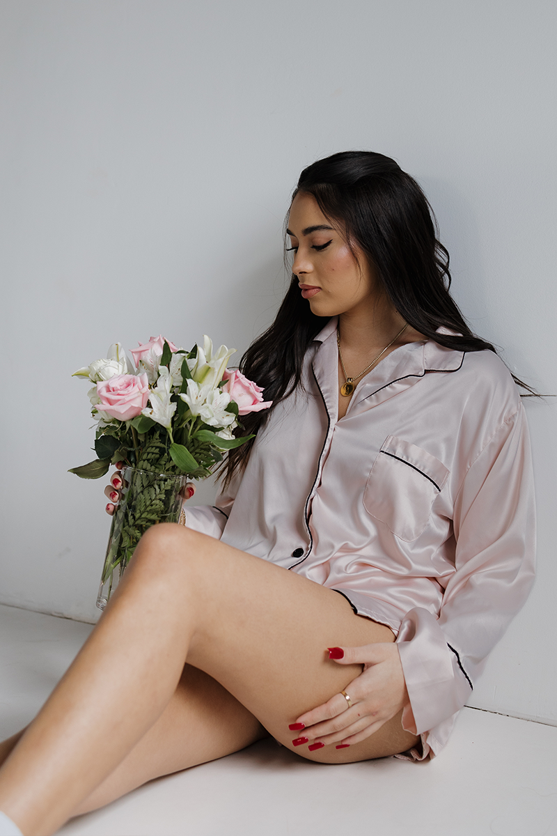 Blush Long Sleeve Top and Shorts Set with Black trim by Spikes and Seams