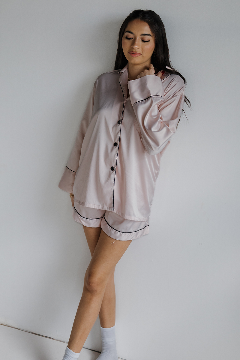 Blush Long Sleeve Top and Shorts Set with Black trim by Spikes and Seams