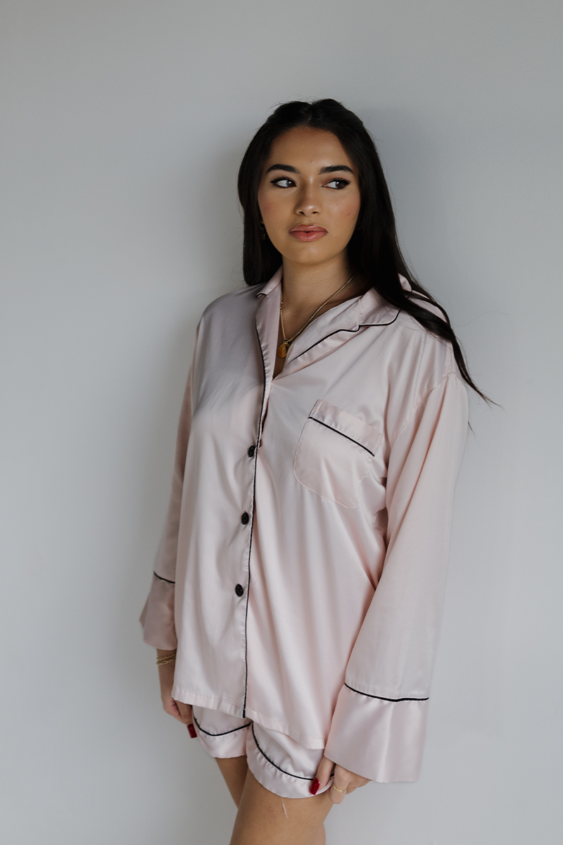 Blush Long Sleeve Top and Shorts Set with Black trim by Spikes and Seams