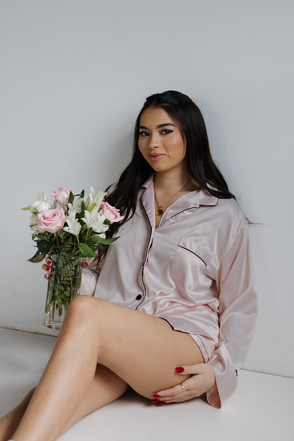 Blush Long Sleeve Top and Shorts Set with Black trim by Spikes and Seams