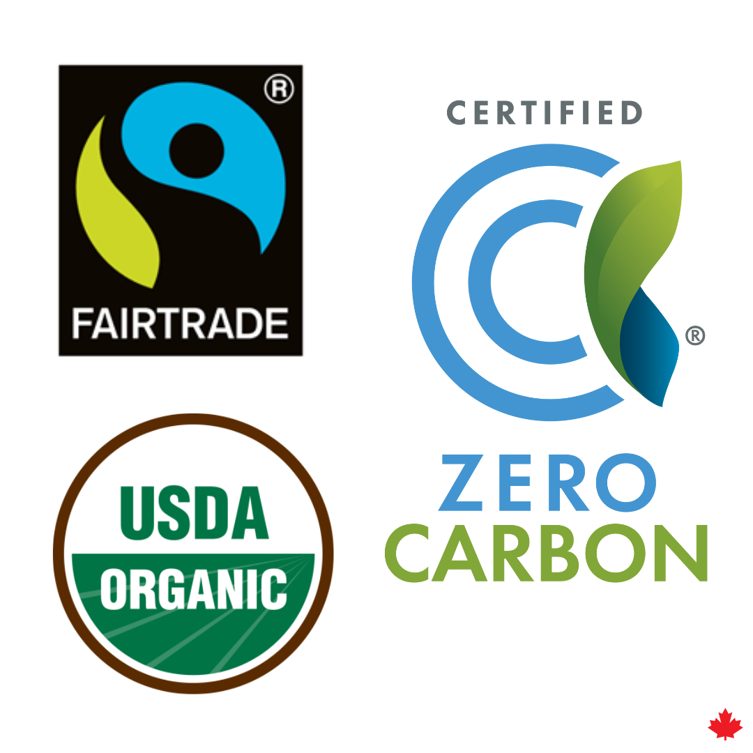 Four sustainability logos including Fairtrade, Zero Carbon, USDA Organic, and a brand logo with a maple leaf.
