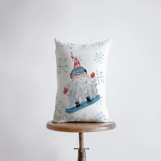 Christmas Gnome Snowboarding Throw Pillow