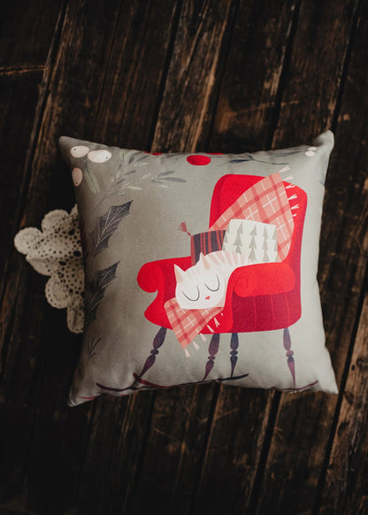 Christmas Kitty on Chair Throw Pillow