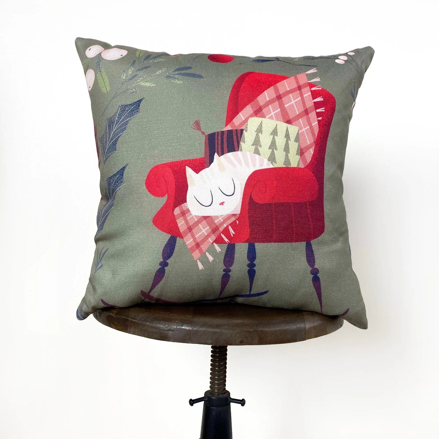 Christmas Kitty on Chair Throw Pillow