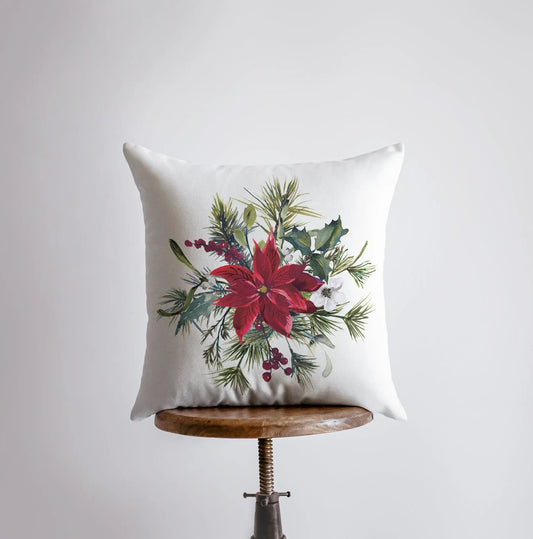 Christmas Poinsettia with Holly Throw Pillow