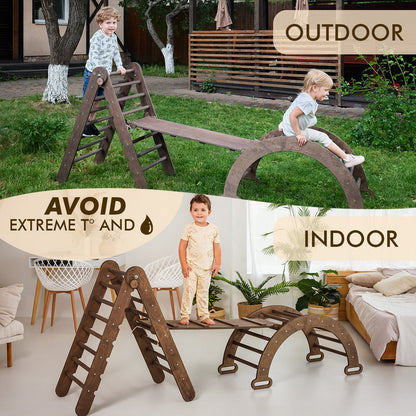 3in1 Montessori Climbing Set: Triangle Ladder + Wooden Arch + Slide Board – Chocolate NEW by Goodevas