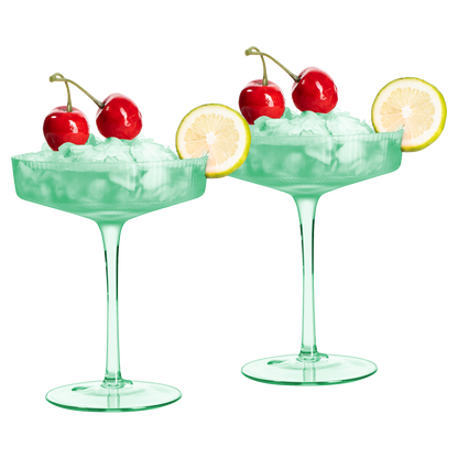 Green Ribbed Coupe Cocktail Glasses 8oz Set of 2