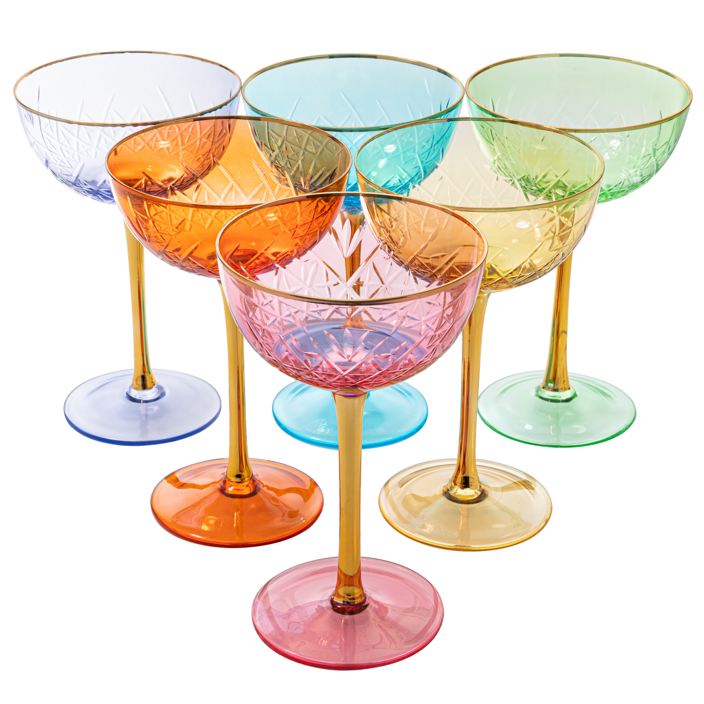 Colored Gold Rim Coupe Glasses 7oz Set of 6