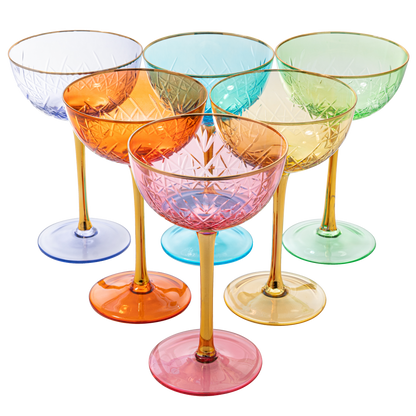 Colored Gold Rim Coupe Glasses 7oz Set of 6