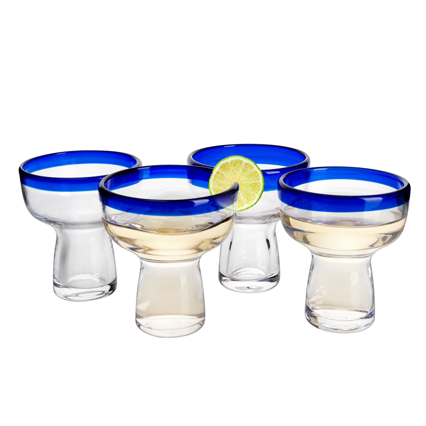 Hand Blown Blue Rim Mexican Margarita Glasses Set of 4