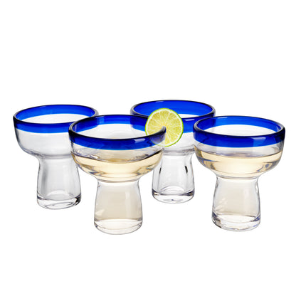 Hand Blown Blue Rim Mexican Margarita Glasses Set of 4