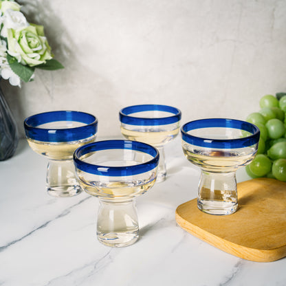 Hand Blown Blue Rim Mexican Margarita Glasses Set of 4