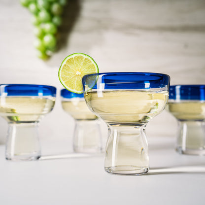 Hand Blown Blue Rim Mexican Margarita Glasses Set of 4