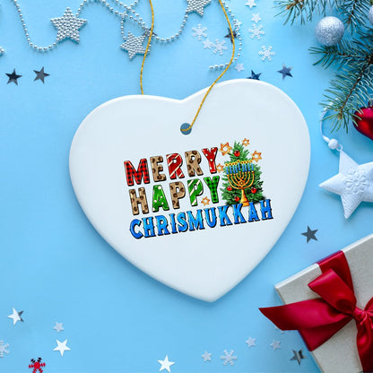 Merry Happy Chrismukkah Festive Ornament, Christmas and Hanukkah Chanukah Theme by OrnamentallyYou