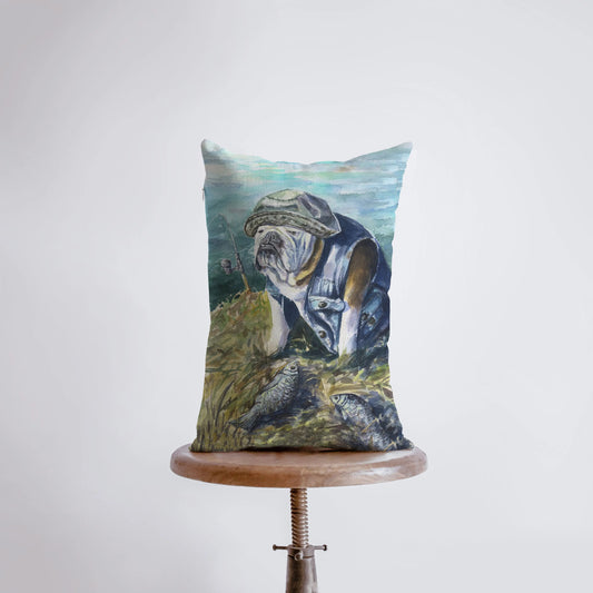 Fishing Bulldog Watercolor Throw Pillow