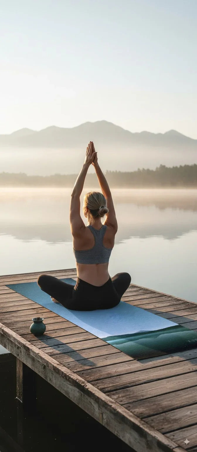 Person practicing yoga on a dock with a scenic view of mountains and water.
