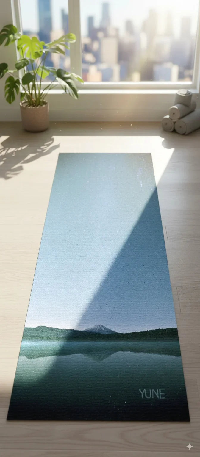 Yoga mat with mountain design on a wooden floor next to a window with plants.