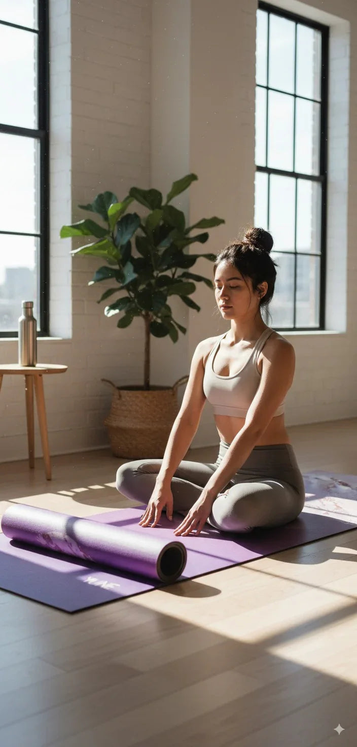 Woman sitting on a yoga mat in a bright room with large windows and a plant.