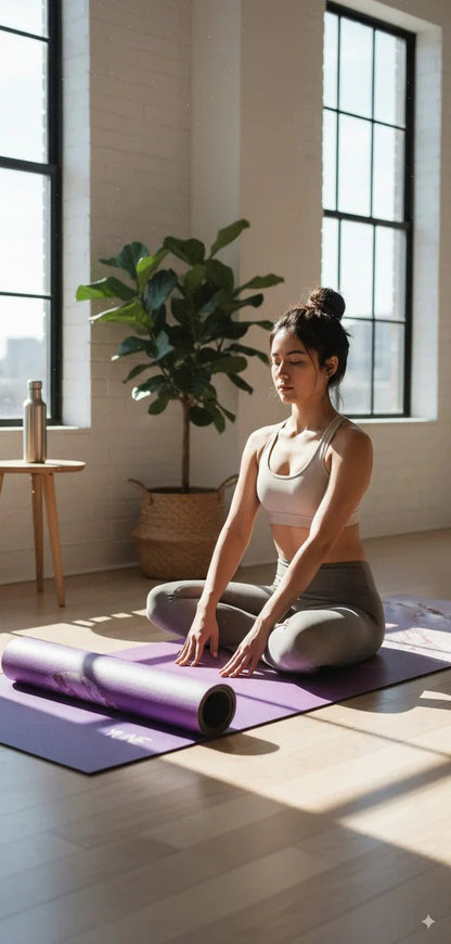 Woman sitting on a yoga mat in a bright room with large windows and a plant.