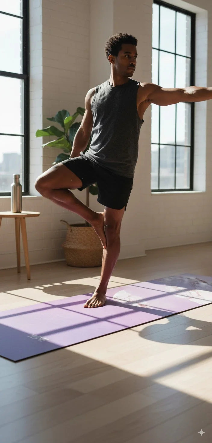 Man practicing yoga on a mat in a bright room with large windows.