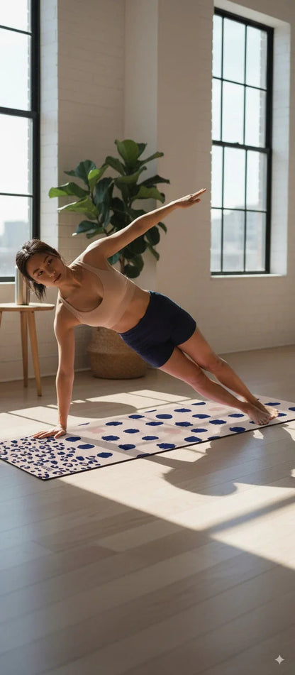 Person practicing yoga on a mat in a bright room with large windows and a plant.
