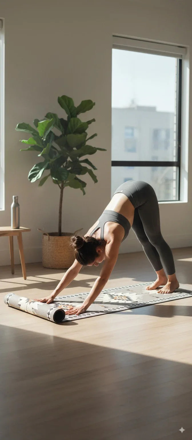 Woman stretching on a yoga mat in a bright room with large windows and a plant.