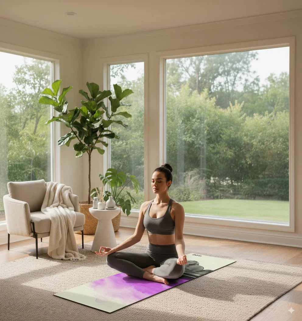 Woman meditating on a yoga mat in a bright room with large windows and plants.