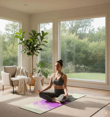 Woman meditating on a yoga mat in a bright room with large windows and plants.